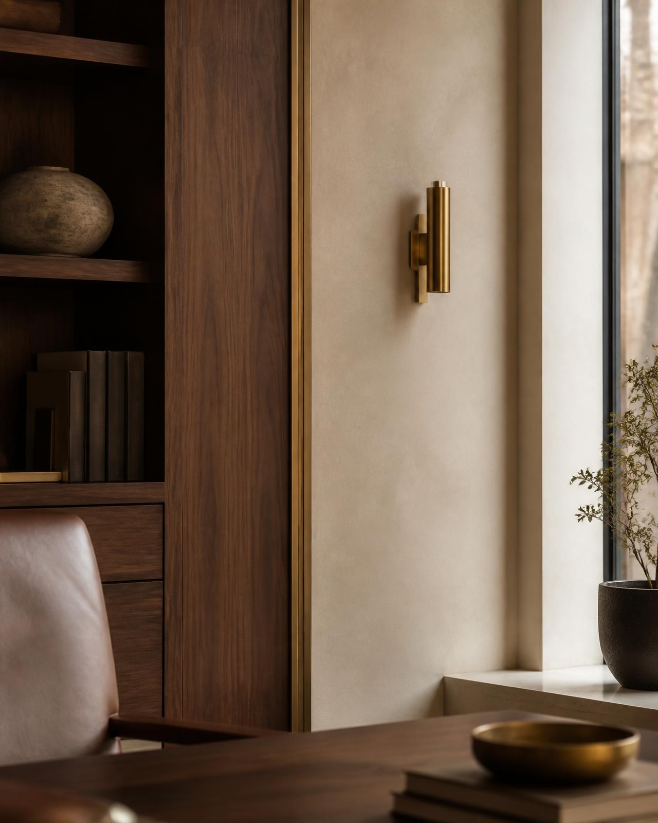 Detail of a private advisory office with walnut millwork, plaster wall and brushed brass fixture