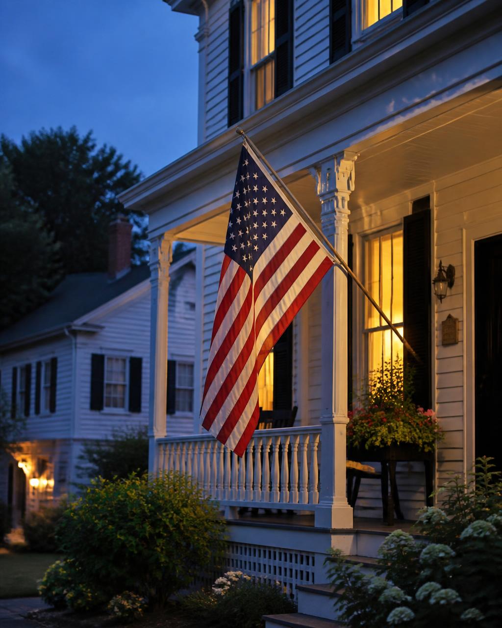 An American flag on the porch of a white clapboard home at dusk