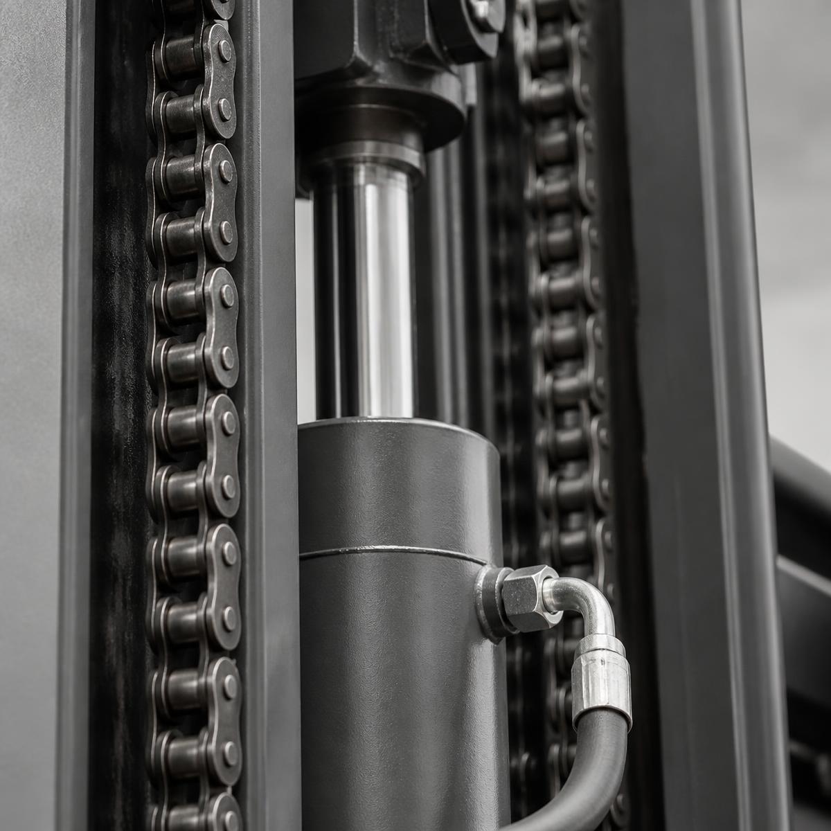 Close-up of forklift mast chains and hydraulic cylinder