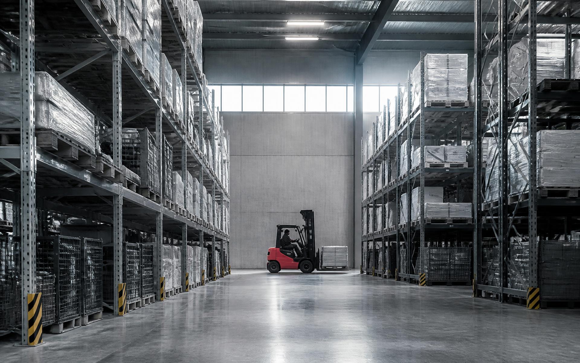 Red forklift moving a pallet down a graphite warehouse aisle