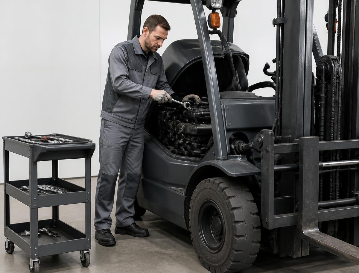 Technician servicing a graphite forklift engine bay